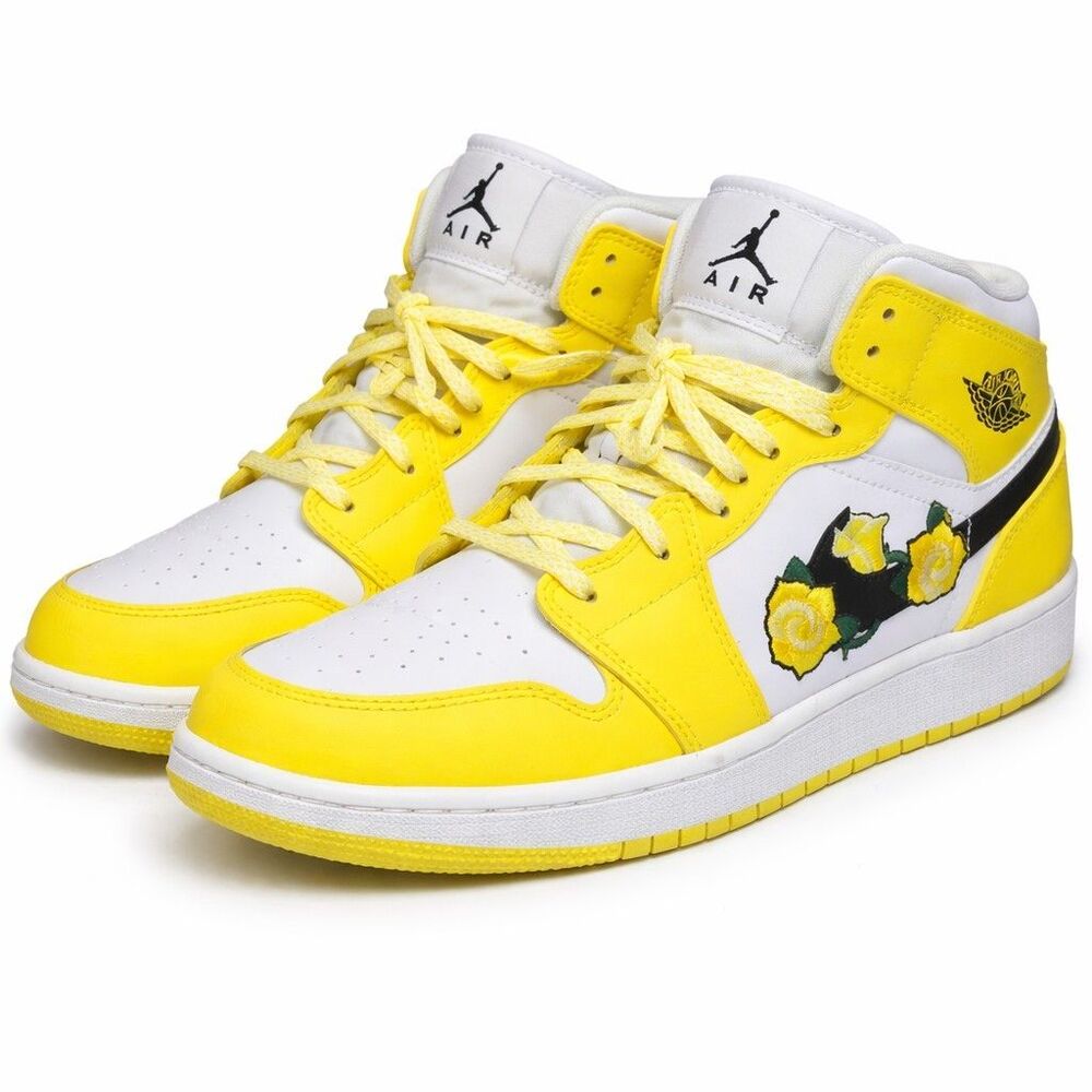 Nike Air Jordan 1 Mid Yellow White Floral Swoosh Mens Size 7Y Custom